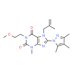 ChemSpider 2D Image | 1-(2-Methoxyethyl)-3-methyl-7-(2-methyl-2-propen-1-yl)-8-(3,4,5-trimethyl-1H-pyrazol-1-yl)-3,7-dihydro-1H-purine-2,6-dione | C19H26N6O3