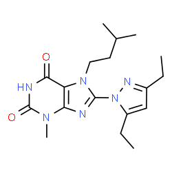 ChemSpider 2D Image | 8-(3,5-Diethyl-1H-pyrazol-1-yl)-3-methyl-7-(3-methylbutyl)-3,7-dihydro-1H-purine-2,6-dione | C18H26N6O2