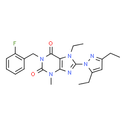 ChemSpider 2D Image | 8-(3,5-Diethyl-1H-pyrazol-1-yl)-7-ethyl-1-(2-fluorobenzyl)-3-methyl-3,7-dihydro-1H-purine-2,6-dione | C22H25FN6O2