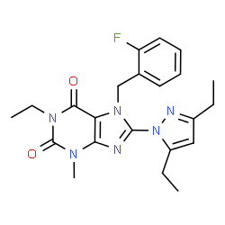 ChemSpider 2D Image | 8-(3,5-Diethyl-1H-pyrazol-1-yl)-1-ethyl-7-(2-fluorobenzyl)-3-methyl-3,7-dihydro-1H-purine-2,6-dione | C22H25FN6O2