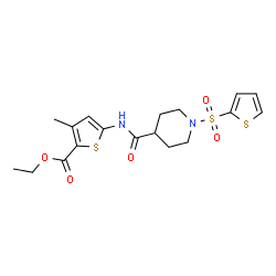 ChemSpider 2D Image | Ethyl 3-methyl-5-({[1-(2-thienylsulfonyl)-4-piperidinyl]carbonyl}amino)-2-thiophenecarboxylate | C18H22N2O5S3