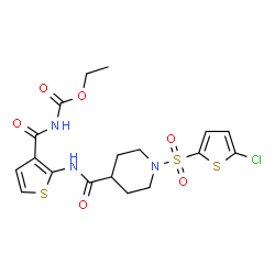 ChemSpider 2D Image | Ethyl ({2-[({1-[(5-chloro-2-thienyl)sulfonyl]-4-piperidinyl}carbonyl)amino]-3-thienyl}carbonyl)carbamate | C18H20ClN3O6S3