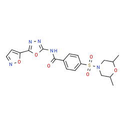 ChemSpider 2D Image | 4-[(2,6-Dimethyl-4-morpholinyl)sulfonyl]-N-[5-(1,2-oxazol-5-yl)-1,3,4-oxadiazol-2-yl]benzamide | C18H19N5O6S