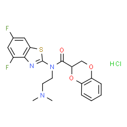 ChemSpider 2D Image | N-(4,6-Difluoro-1,3-benzothiazol-2-yl)-N-[2-(dimethylamino)ethyl]-2,3-dihydro-1,4-benzodioxine-2-carboxamide hydrochloride (1:1) | C20H20ClF2N3O3S