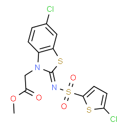 ChemSpider 2D Image | Methyl [(2Z)-6-chloro-2-{[(5-chloro-2-thienyl)sulfonyl]imino}-1,3-benzothiazol-3(2H)-yl]acetate | C14H10Cl2N2O4S3