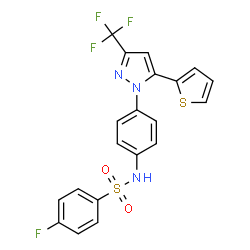 ChemSpider 2D Image | 4-Fluoro-N-{4-[5-(2-thienyl)-3-(trifluoromethyl)-1H-pyrazol-1-yl]phenyl}benzenesulfonamide | C20H13F4N3O2S2