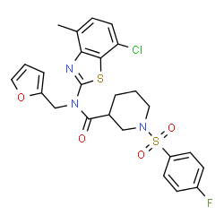ChemSpider 2D Image | N-(7-Chloro-4-methyl-1,3-benzothiazol-2-yl)-1-[(4-fluorophenyl)sulfonyl]-N-(2-furylmethyl)-3-piperidinecarboxamide | C25H23ClFN3O4S2