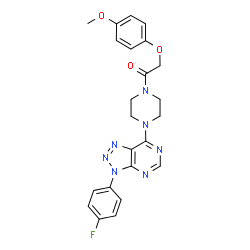 ChemSpider 2D Image | 1-{4-[3-(4-Fluorophenyl)-3H-[1,2,3]triazolo[4,5-d]pyrimidin-7-yl]-1-piperazinyl}-2-(4-methoxyphenoxy)ethanone | C23H22FN7O3