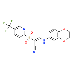 ChemSpider 2D Image | (2E)-3-(2,3-Dihydro-1,4-benzodioxin-6-ylamino)-2-{[5-(trifluoromethyl)-2-pyridinyl]sulfonyl}acrylonitrile | C17H12F3N3O4S