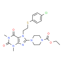 ChemSpider 2D Image | Ethyl 4-(7-{2-[(4-chlorophenyl)sulfanyl]ethyl}-1,3-dimethyl-2,6-dioxo-2,3,6,7-tetrahydro-1H-purin-8-yl)-1-piperazinecarboxylate | C22H27ClN6O4S