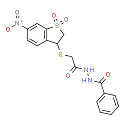 ChemSpider 2D Image | N'-{[(6-Nitro-1,1-dioxido-2,3-dihydro-1-benzothiophen-3-yl)sulfanyl]acetyl}benzohydrazide | C17H15N3O6S2