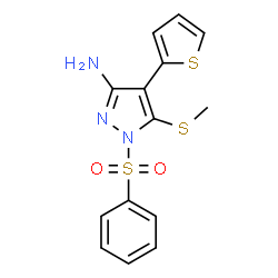 ChemSpider 2D Image | 5-(methylthio)-1-(phenylsulfonyl)-4-(2-thienyl)-1H-pyrazol-3-amine | C14H13N3O2S3