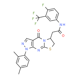 ChemSpider 2D Image | 2-[1-(2,4-Dimethylphenyl)-4-oxo-1,4,6,7-tetrahydropyrazolo[3,4-d][1,3]thiazolo[3,2-a]pyrimidin-6-yl]-N-[4-fluoro-3-(trifluoromethyl)phenyl]acetamide | C24H19F4N5O2S