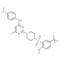 ChemSpider 2D Image | 2-(4-{[2-Methoxy-5-(2-methyl-2-propanyl)phenyl]sulfonyl}-1-piperazinyl)-N-(4-methoxyphenyl)-6-methyl-4-pyrimidinamine | C27H35N5O4S