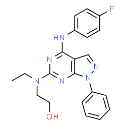 ChemSpider 2D Image | 2-(Ethyl{4-[(4-fluorophenyl)amino]-1-phenyl-1H-pyrazolo[3,4-d]pyrimidin-6-yl}amino)ethanol | C21H21FN6O