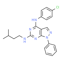 ChemSpider 2D Image | N~4~-(4-Chlorophenyl)-N~6~-(3-methylbutyl)-1-phenyl-1H-pyrazolo[3,4-d]pyrimidine-4,6-diamine | C22H23ClN6