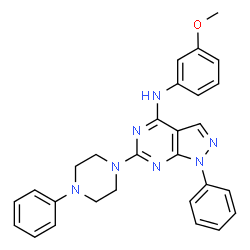 ChemSpider 2D Image | N-(3-Methoxyphenyl)-1-phenyl-6-(4-phenyl-1-piperazinyl)-1H-pyrazolo[3,4-d]pyrimidin-4-amine | C28H27N7O