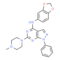ChemSpider 2D Image | N-(1,3-Benzodioxol-5-yl)-6-(4-methyl-1-piperazinyl)-1-phenyl-1H-pyrazolo[3,4-d]pyrimidin-4-amine | C23H23N7O2