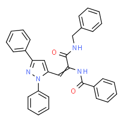 ChemSpider 2D Image | N-[3-(Benzylamino)-1-(1,3-diphenyl-1H-pyrazol-5-yl)-3-oxo-1-propen-2-yl]benzamide | C32H26N4O2