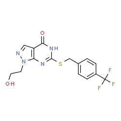 ChemSpider 2D Image | 1-(2-Hydroxyethyl)-6-{[4-(trifluoromethyl)benzyl]sulfanyl}-1,5-dihydro-4H-pyrazolo[3,4-d]pyrimidin-4-one | C15H13F3N4O2S