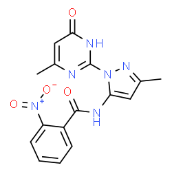 ChemSpider 2D Image | N-[3-Methyl-1-(4-methyl-6-oxo-1,6-dihydro-2-pyrimidinyl)-1H-pyrazol-5-yl]-2-nitrobenzamide | C16H14N6O4