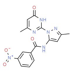 ChemSpider 2D Image | N-[3-Methyl-1-(4-methyl-6-oxo-1,6-dihydro-2-pyrimidinyl)-1H-pyrazol-5-yl]-3-nitrobenzamide | C16H14N6O4