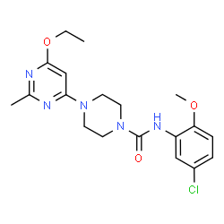 ChemSpider 2D Image | N-(5-Chloro-2-methoxyphenyl)-4-(6-ethoxy-2-methyl-4-pyrimidinyl)-1-piperazinecarboxamide | C19H24ClN5O3