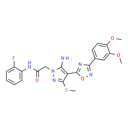 ChemSpider 2D Image | 2-{5-Amino-4-[3-(3,4-dimethoxyphenyl)-1,2,4-oxadiazol-5-yl]-3-(methylsulfanyl)-1H-pyrazol-1-yl}-N-(2-fluorophenyl)acetamide | C22H21FN6O4S