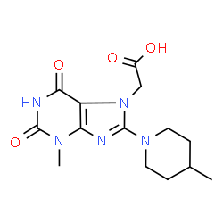 ChemSpider 2D Image | [3-Methyl-8-(4-methyl-1-piperidinyl)-2,6-dioxo-1,2,3,6-tetrahydro-7H-purin-7-yl]acetic acid | C14H19N5O4