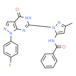 ChemSpider 2D Image | N-{1-[1-(4-Fluorophenyl)-4-oxo-4,5-dihydro-1H-pyrazolo[3,4-d]pyrimidin-6-yl]-3-methyl-1H-pyrazol-5-yl}benzamide | C22H16FN7O2