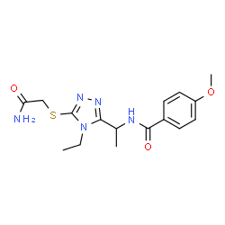 ChemSpider 2D Image | N-(1-{5-[(2-Amino-2-oxoethyl)sulfanyl]-4-ethyl-4H-1,2,4-triazol-3-yl}ethyl)-4-methoxybenzamide | C16H21N5O3S
