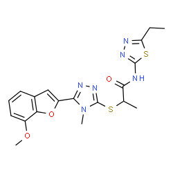 ChemSpider 2D Image | N-(5-Ethyl-1,3,4-thiadiazol-2-yl)-2-{[5-(7-methoxy-1-benzofuran-2-yl)-4-methyl-4H-1,2,4-triazol-3-yl]sulfanyl}propanamide | C19H20N6O3S2