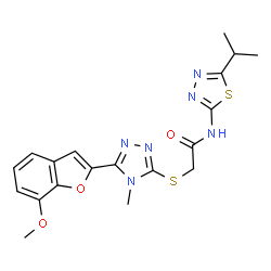 ChemSpider 2D Image | N-(5-Isopropyl-1,3,4-thiadiazol-2-yl)-2-{[5-(7-methoxy-1-benzofuran-2-yl)-4-methyl-4H-1,2,4-triazol-3-yl]sulfanyl}acetamide | C19H20N6O3S2