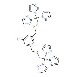 ChemSpider 2D Image | 1,1',1'',1''',1'''',1'''''-[(5-Iodo-1,3-phenylene)bis(methyleneoxy-2,1,1,1-ethanetetrayl)]hexakis(1H-pyrazole) | C30H29IN12O2