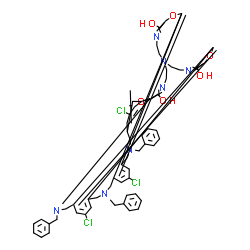 ChemSpider 2D Image | 7,35,45-Tribenzyl-3,11,31-trichloro-15,27,38-trioxa-7,18,21,24,35,41,45-heptaazahexacyclo[19.15.7.3~13,29~.0~5,37~.0~9,14~.0~28,33~]hexatetraconta-1(37),2,4,9,11,13,28,30,32-nonaene-17,25,40-trione | C57H60Cl3N7O6