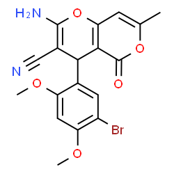ChemSpider 2D Image | 2-Amino-4-(5-bromo-2,4-dimethoxyphenyl)-7-methyl-5-oxo-4H,5H-pyrano[4,3-b]pyran-3-carbonitrile | C18H15BrN2O5