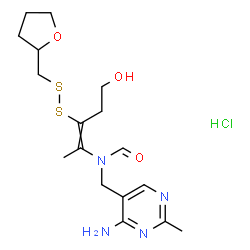 ChemSpider 2D Image | N-[(4-Amino-2-methyl-5-pyrimidinyl)methyl]-N-{5-hydroxy-3-[(tetrahydro-2-furanylmethyl)disulfanyl]-2-penten-2-yl}formamide hydrochloride (1:1) | C17H27ClN4O3S2