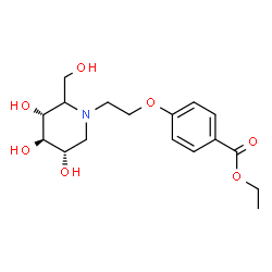 ChemSpider 2D Image | Ethyl 4-{2-[(3R,4R,5S)-3,4,5-trihydroxy-2-(hydroxymethyl)-1-piperidinyl]ethoxy}benzoate | C17H25NO7