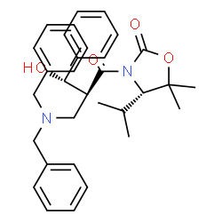 ChemSpider 2D Image | (4S)-3-{(2S,3S)-2-[(Dibenzylamino)methyl]-3-hydroxy-3-phenylpropanoyl}-4-isopropyl-5,5-dimethyl-1,3-oxazolidin-2-one | C32H38N2O4