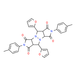 ChemSpider 2D Image | 5,10-Di(2-furyl)-2,7-bis(4-methylphenyl)tetrahydropyrrolo[3,4-c]pyrrolo[3',4':4,5]pyrazolo[1,2-a]pyrazole-1,3,6,8(2H,3aH,5H,7H)-tetrone | C32H26N4O6