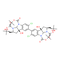 ChemSpider 2D Image | Tetrakis(2-methyl-2-propanyl) (2S,2'S,3aR,3a'R,8aR,8a'R)-6,6'-dichloro-3a,3a'-dihydroxy-2,2'-bis(hydroxymethyl)-2,2',3,3',3a,3a',8a,8a'-octahydro-5,5'-bipyrrolo[2,3-b]indole-1,1',8,8'-tetracarboxylate | C42H56Cl2N4O12