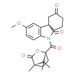 ChemSpider 2D Image | (1S)-5'-Methoxy-1'-{[(1S,4R)-4,7,7-trimethyl-3-oxo-2-oxabicyclo[2.2.1]hept-1-yl]carbonyl}-3H-spiro[cyclohexane-1,3'-indole]-2',3(1'H)-dione | C24H27NO6
