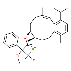 ChemSpider 2D Image | (7R,8S,11Z)-1-Isopropyl-4,7,11-trimethyl-5,6,7,8,9,10-hexahydrobenzo[10]annulen-8-yl (2R)-3,3,3-trifluoro-2-methoxy-2-phenylpropanoate | C30H37F3O3