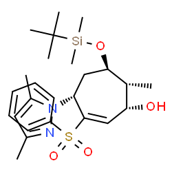 ChemSpider 2D Image | (1S,4R,6R,7R)-6-{[Dimethyl(2-methyl-2-propanyl)silyl]oxy}-4-(3,5-dimethyl-1H-pyrazol-1-yl)-7-methyl-3-(phenylsulfonyl)-2-cyclohepten-1-ol | C25H38N2O4SSi
