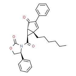 ChemSpider 2D Image | (4S)-3-{[(1S,5S,6S)-1-Hexyl-4-oxo-3-phenylbicyclo[3.1.0]hex-2-en-6-yl]carbonyl}-4-phenyl-1,3-oxazolidin-2-one | C28H29NO4