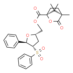 ChemSpider 2D Image | (1R)-1,4-Anhydro-2,3-dideoxy-1-phenyl-2-(phenylsulfonyl)-5-O-{[(1S,4R)-4,7,7-trimethyl-3-oxo-2-oxabicyclo[2.2.1]hept-1-yl]carbonyl}-D-threo-pentitol | C27H30O7S