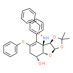 ChemSpider 2D Image | (3aR,4aS,5R,8aR,8bR)-8a-[(Benzyloxy)amino]-2,2-dimethyl-8-phenyl-7-(phenylsulfanyl)-3a,4a,5,6,8a,8b-hexahydro[1,3]dioxolo[4,5-b][1]benzofuran-5-ol | C30H31NO5S