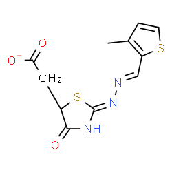 ChemSpider 2D Image | [(2Z)-2-{(2E)-[(3-Methyl-2-thienyl)methylene]hydrazono}-4-oxo-1,3-thiazolidin-5-yl]acetate | C11H10N3O3S2