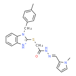 ChemSpider 2D Image | 1-(4-Methylbenzyl)-2-[(2-{(2E)-2-[(1-methyl-1H-pyrrol-2-yl)methylene]hydrazino}-2-oxoethyl)sulfanyl]-1H-3,1-benzimidazol-3-ium | C23H24N5OS