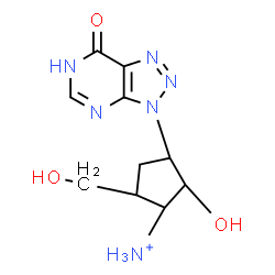 ChemSpider 2D Image | 2-Hydroxy-5-(hydroxymethyl)-3-(7-oxo-6,7-dihydro-3H-[1,2,3]triazolo[4,5-d]pyrimidin-3-yl)cyclopentanaminium | C10H15N6O3